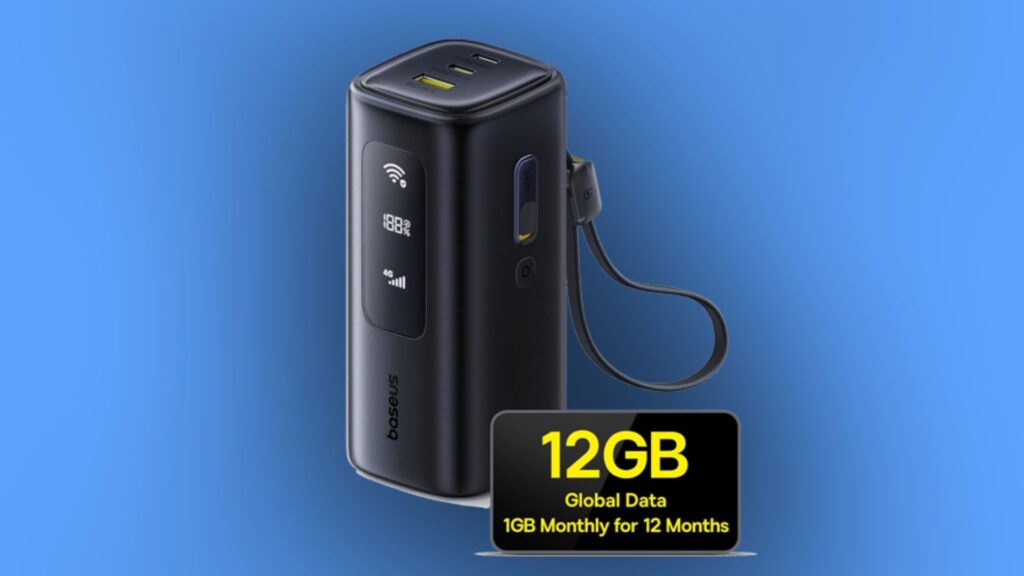 Baseus 20000mAh power bank with digital battery display on a blue background. 