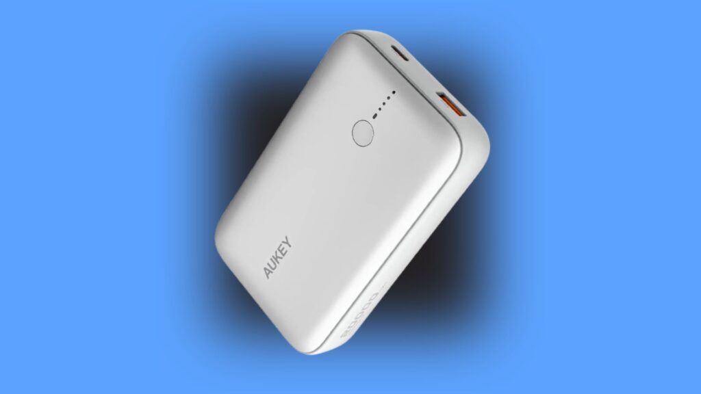 Aukey 20000mAh power bank with digital battery display on a blue background.